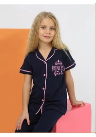 Resim Kız Çocuk Kısa Kollu %100 Pamuklu Düğmeli Pijama Takımı Princess Indigo 