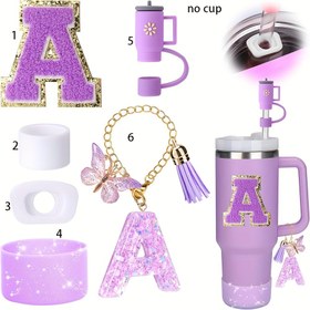 Resim 30oz/40oz Tutacaklı Tumbler için Fincan Aksesuar Seti, 1 Adet Silikon Pipet Üstü Kapak ve 1 Adet Bot, 2 Adet Dökülmeye Karşı Koruyucu Tıpa, 1 Adet Tutacak Süsü, 1 Adet İlk Harf Sticker Dahil 