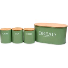 Resim Ahşap Kapaklı Metal Ekmeklik, Çay, Kahve, Şeker 4'lü Set 