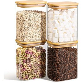 Resim Cam Kavanoz Seti Bambu Kapaklı Hava Almaz 4lü Kavanoz Takımı Orta Boy 1000 Ml Krem 