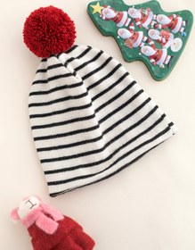 Resim Unisex Siyah Beyaz Çizgili Kırmızı Ponpon Çift Katlı Likralı Penye Bere - 1-2 Yaş 