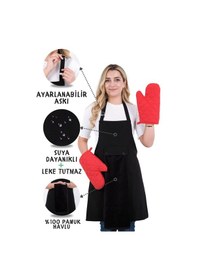 Resim Star Ayar Askılı Havlulu 4lü Mutfak Önlüğü Seti 2 Eldiven Siyah-siyah-kırmızı 