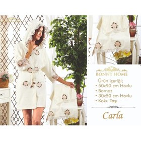 Resim Carla Krem Bayan Fransız Dantelli Balayı Çeyizlik Bornoz Seti Krem 