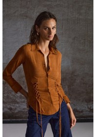 Resim Grimelange Bogotan Kadın Slim Fit Vücudu Saran Süet Belden Bağlamalı Ipli Kahverengi Gömlek Kahverengi 