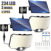Resim 234 LED'li Ultra Parlak Solar Bahçe Duvar Lambası, 3 Aydınlatma Modu, Uzaktan Kumandalı, Dönebilen Bağlantı Başlıklı, Hareket Sensörlü, IP65, 5m Uzun Kablo, Bahçe, Kapı, Noel, Cadılar Bayramı, Şükran Günü, Hanuka, Düğün, Tatil için Kolay Kurulum 