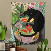 Resim 1 Adet Meraklı Kedi Duvar Halısı - Eğlenceli Kedi ve Balık Tropikal Bitki Sanat Baskı, %100 Polyester Şeftali Açık Bej Kumaş, 95x73 cm Dikey İç Mekan Dekoru, Yatak Odası için Montaj Gerekmez, Oturma Odası Dekorasyonu | Cesur Grafik Sanatı 