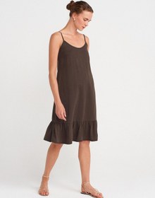 Resim Dilvin 90572 Alt Bölümü Büzgülü Kısa Denim Elbise-kahve Kahve 