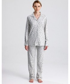 Resim Yeni İnci Yıldız Desen Pamuk Kadın Pijama Takım Gri 