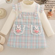 Resim Sonbahar ve Kış Sevimli Kız Elbisesi Tavşan Cep Detaylı Ekose İki Parçalı Uzun Kollu Çocuk Giysisi - Dış Mekan Sonbahar Karakterli Kıyafet 