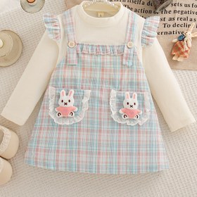 Resim Sonbahar ve Kış Sevimli Kız Elbisesi Tavşan Cep Detaylı Ekose İki Parçalı Uzun Kollu Çocuk Giysisi - Dış Mekan Sonbahar Karakterli Kıyafet 