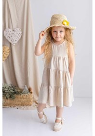 Resim Oliventhekid Bej Naturel Keten Robadan Büzgü Pileli Kolsuz Midi Kız Çocuk Elbise Bej Bej 
