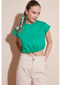Resim Lela Bisiklet Yaka % 100 Pamuk Crop Bayan T Shirt 5865587 Benetton 
