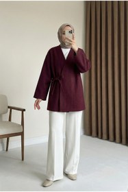 Resim MODAQU Yandan İp Bağlamalı Kaşe Kimono - Bordo 