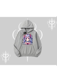 Resim Kapşonlu Sweatshirt Hello Anime Kız Sevimli Karakter Baskılı Gri 