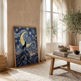 Resim Black Wolf Howling Crescent Moon Print - Van Gogh-Style Mountain Wall Art - With Hanger - Wood / 24 x 36" (60x90 cm) 