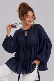 Resim GLOW MUSE Kolu Lastikli Önü Bağlamalı Katlı Kimono -Lacivert 