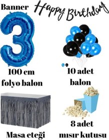 Resim 3 Yaş Mavi-siyah Balon Rakam Folyo Banner Mısır Kutusu Masa Eteği 