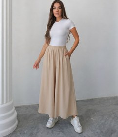 Resim Beli Lastikli Geniş Kesim Kloş Double Krep Pantolon Etek 5187 - Açık Bej - Açık Bej / L-XL 
