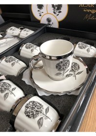 Resim Acar Melody 6 Kişilik Porselen Kahve Fincanı Takımı 90 Ml 5142 Silver Model-4 Beyaz - Gümüş 
