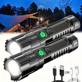 Resim 2 adet/1 adet Süper Parlak LED Şarj Edilebilir El Fenerleri, 3 Aydınlatma Modu, Yüksek/Düşük/Strobe, Dış Maceralar için USB Kablosu Dahil 