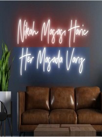 Resim BİZ BU İŞİN KEYİF KISMINDAYIZ Nikah Masası Hariç Her Masada Varız Yazılı Neon Tabela 