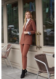 Resim Yakalı Cepli Uzun Kol Kolu İsterse Katlanabilen Kumaş Blazer Ofis Ceket-koyu Taba K.taba 