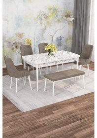 Resim Jusie Beyaz Mermer 80x132 Açılabilir Sunta Masa Yemek Odası Takımı,mutfak Takımı 4 Sandalye,1 Bench Cappuccino 