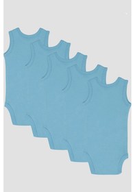 Resim %100 Organik Pamuklu Mavi Bebek Atlet Çıtçıtlı Zıbın Body 5'li Paket Mavi 