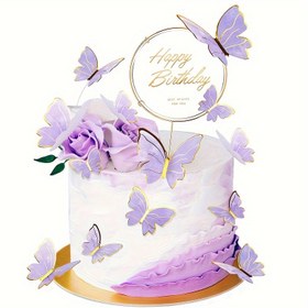 Resim 21 adet Kelebek Pasta Süslemeleri ile Mutlu Yıllar Pasta Süslemeleri 3D Pembe ve Altın Kelebek Doğum Günü Pasta Süslemeleri Kızlar ve Bayanlar için Doğum Günü Partisi Düğün Pasta Süslemeleri (Mor, Pembe) 