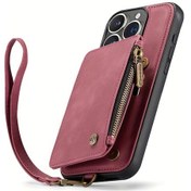 Resim Sunshine022 Burgundy iPhone Uyumlu 13 İçin Deri Cüzdan Manyetik Flip Telefon Kılıfı Askı Para Çantası 