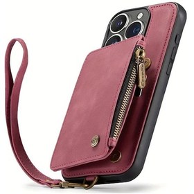 Resim Sunshine022 Burgundy iPhone Uyumlu 13 İçin Deri Cüzdan Manyetik Flip Telefon Kılıfı Askı Para Çantası 