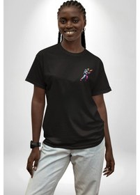 Resim Pizza Servisi Uzay Kurye Siyah Oversize Unisex Ön Sol Yan Minimal Baskılı Tişört Koyu Siyah 
