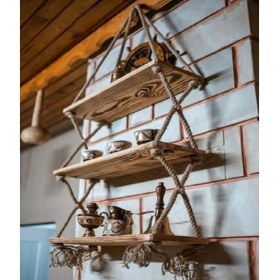 Resim Elisra Ahşap Dekoratif 3'lü Halatlı Kitaplık Raf 