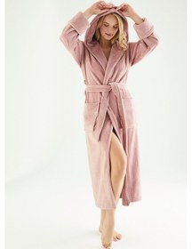 Resim Uzun Kapüşonlu Triga Bambu Cotton Bayan Bornoz Pudra 