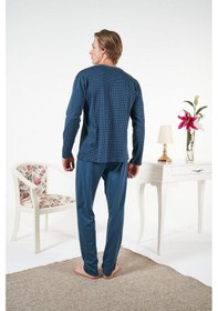 Resim Estiva Penye İnterlok Kareli Uzun Kol Erkek Pijama Takım İndigo 