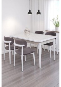 Resim Duru Norte Mdf Lak Panel Açılır Yemek Masa Takımı 90x160 Beyaz Mermer 