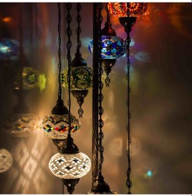 Resim Dekoratif Mozaik Lamba 7 li Lambader El Yapımı Köşe Lambası Renkli Avize v5 