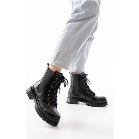 Resim 2051-298 Siyah Cilt Düz Topuklu Bağcıklı Lastikli Günlük Kadın Bot Acı Kahverengi 