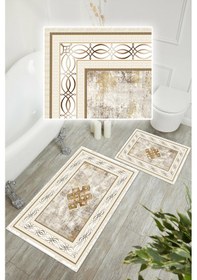 Resim Dijital Baskı Klasik Kaymaz Taban 2li Set Banyo Paspası Klozet Takımı 50x60cm-60x100cm Krem 