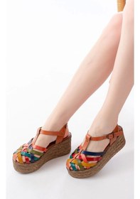 Resim 684-02 Taba Multi Ortopedik Hakiki Deri Dolgu Kadın Sandalet Multi Çok Renkli 