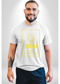 Resim Nirvana Müzik Grubu Unisex Unisex Beyaz Organik Baskılı T-shirt Penye Yüksek Kalite Beyaz 