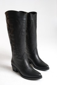 Resim Ayakkabı Delisiyim Siyah Deri Kadın Çizme Nakışlı Western Kovboy Kaymaz Taban Kalın Topuklu Sahra 