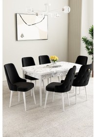 Resim Clara Beyaz Mermer Desen 80x132 Açılabilir Yemek Odası Takımı 6 Adet Sandalye Siyah 