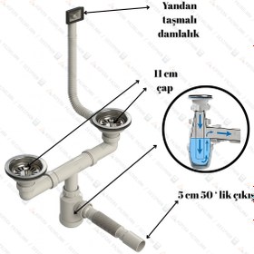 Resim DESIPHON Çiftli Çöpmak Kafalı Taşmalı Borulu Sifon Ø50 Derin 11 cm Yandan Taşmalı Koku Önleyici Taslı 