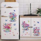 Resim Tek Sayfa (30*90Cm) Renkli Çiçekler Saksı Kelebekler Bahar Ev Dekorasyonu Yatak Odası Oturma Odası Dolap Buzdolabı Arka Plan Duvar Stickerları (M14567-NL) 