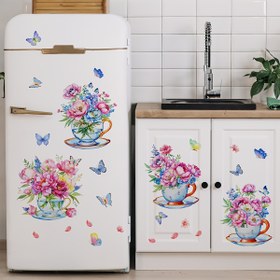 Resim Tek Sayfa (30*90Cm) Renkli Çiçekler Saksı Kelebekler Bahar Ev Dekorasyonu Yatak Odası Oturma Odası Dolap Buzdolabı Arka Plan Duvar Stickerları (M14567-NL) 