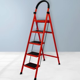 Resim Asil Metal 5 Basamaklı Katlanır Merdiven Geniş Kaymaz Yüzeyli Basamaklı Ev Tipi 150 Kg Taşıma Kapasite Kırmızı 1 Adet 