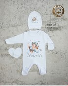 Resim yzc home size dair... E77 T Isme Özel Isimli Baskılı Bebek Tulum Şapka Eldiven Set Hastane Çıkışı 