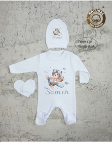 Resim yzc home size dair... E77 T Isme Özel Isimli Baskılı Bebek Tulum Şapka Eldiven Set Hastane Çıkışı 