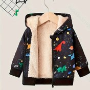 Resim Dinozor Desenli Kapüşonlu Parka Ceket, Yünlü Astar ve Tam-Zip Kapatma ile - Gündelik Uzun Kollu Normal Beden Polyester Parka, Esneme Olmayan Kumaş ile Sonbahar/Kış - 12 Yaş Altı 